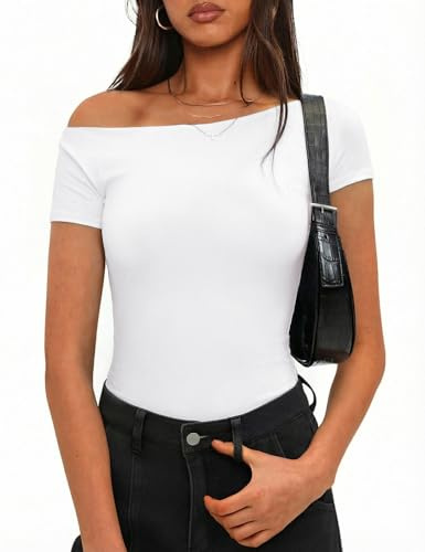Totatuit Womens Off Shoulder T Shirt UK Y2K Top Short Sleeve Ladies Slim | Slim Fit, Stretch, Basic Plain, Summer Casual, Tunic Tops, Suitable for spring and summer