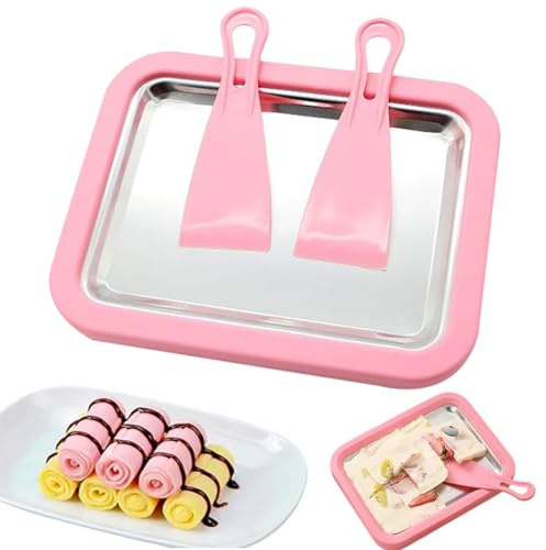 Ice Cream Roller Maker, Mini Freezable Roll Plate Stainless Steel Ice Cream Roller Pan with 2 Scrapers DIY Instant IceCream Maker for Rolled IceCream, Sorbet, Yogurt, Gelato (Pink)