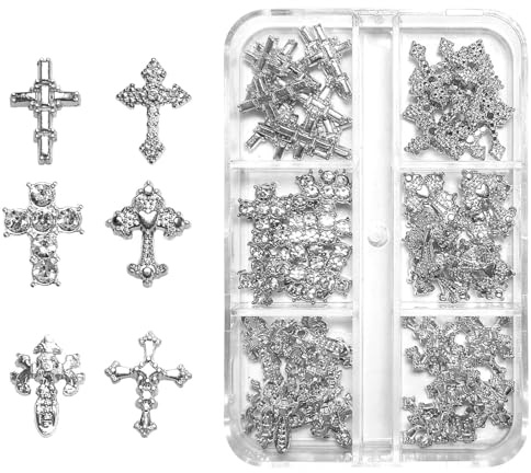 TESGADGETS 60 Pieces 3D Metal Alloy Nail Charms with Crystal Crosses – Ideal for DIY Punk Nail Art for Women and Girls, with Rhinestones, Silver