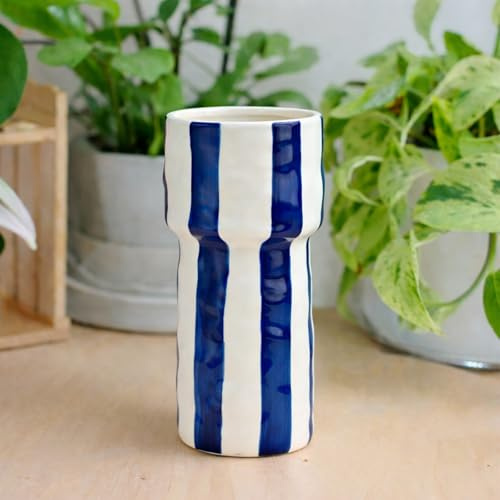 matches21 HOME & HOBBY Keramik-Vase Blau-Weiß gestreift als Frühlingsdeko - Moderne Bunte Dekovase 20 cm für Wohnzimmer