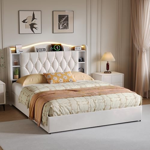 Letto matrimoniale imbottito 160 x 190 cm, letto idraulico con LED e USB, letto per ragazzi con testiera, letto a molle, struttura funzionale con rete a doghe e cassetta del letto (velluto beige)