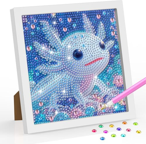 DOMROM Axolotl Diamond Painting Kinder mit rahmen, Tier 5D Diamant Painting Bilder ab 6 Jahre, Niedlich DIY Mosaikherstellung Arts Craft Home Wand Decor für Kinder Erwachsene