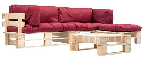 Foknhdi Garten-Palettenlounge 4-TLG. 220x126x65 cm, imprägniertes Kiefernholz rot, Set mit Ottomane & Couchtisch, Balkon/Terrasse