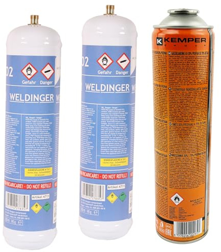 WELDINGER Set 2x Sauerstoff 1 Liter M12x1 rechts 1x Brenngas Supergas 600 ml