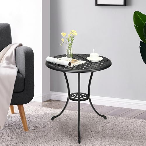 GarveeMore Table bistrot extensionérieur Ronde 60 cm en Aluminium – Robuste, résistante aux intempéries – Style rétro – avec Trou pour Parasol 5 cm – pour terrasse, Balcon, Jardin, café – Noir 23,6
