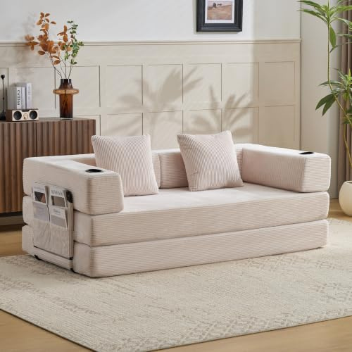 EBELLO Schlafsofa 185cm Breit, Boneless Couch 4-in-1, Bodensofa Bed aus Kord mit Hochdichter Schaumstoff, Cord Sofa mit Schlaffunktion/2 Kissen/Seitentasche, Keine Montage, Beige