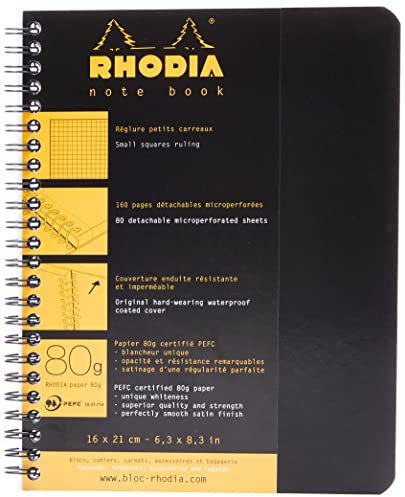 RHODIA 193429C - Quaderno a spirale (rilegatura integrale) Notebook NERO - A5+ 16 x 21 cm- Quadretti piccoli - 160 pag. staccabili - Carta Clairefontaine Bianca 80g/m² - COPERTINA morbida e resistente