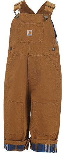 Carhartt Little Boys' Washed Canvas Flannel Lined Bib Overall, Carhartt Brown, 4T