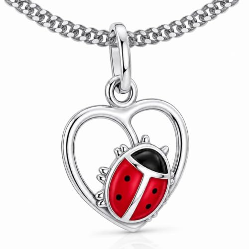CLEVER SCHMUCK Marienkäfer Halskette für Mädchen Herz 18 mm Herzkette bunt + Panzerkette 38 cm Sterling Silber 925 für Kinder in Schmuckverpackung