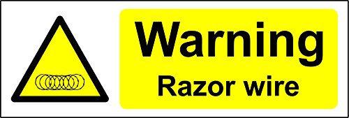 Warning Razor wire Safety sign - Self adhesive sticker 150mm x 50mm