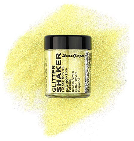 Stargazer Pastel Glitter Shaker, Yellow. Cosmetic glitter powder for use on the eyes, lips, face, body, hair and nails.