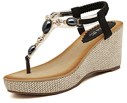 YOUJIA Women's Bohemian Sandals Wedges Rhinestone Dianettes Sandals with Wedge Heel Summer Toe Separator Leisure Shoes, black, 4 UK