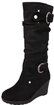 YWLINK Damen Keile Verdicken Keilabsatz Volltonfarbe Stiefel Winter Runder Zeh Damen Lange RöHre Stiefel