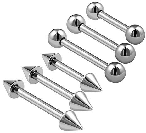 KJM FASHION 6PCS Surgical Steel Barbell Earrings 16g 6mm 8mm 10mm 3mm Ball Spike Tragus Conch Earrings Eyebrow Piercing Jewellery 0686