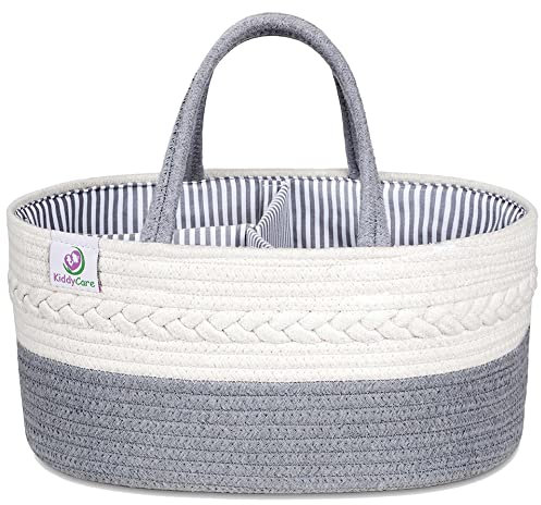 KiddyCare Woven Diaper Nappy Caddy Basket with Handle Lid | Diaper Caddy Basket with Dividers for Baby Boy/Girl, Diaper Tote Bag for Bady Storage for Car | Baby Nursery Canvas Caddy | Gray Regular