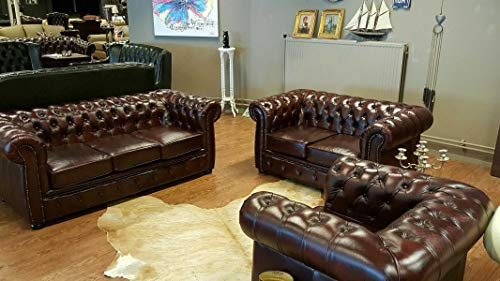 jvmoebel Chesterfield Sofagarnitur Sofa Couch 3+2+1 Garnitur 100% Leder Antik Rot Sofort