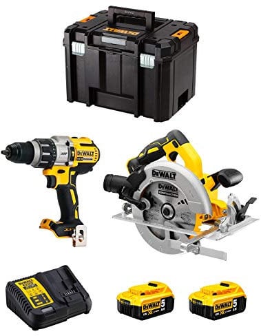 DeWALT Kit DWK216 (Perceuse à Percussion DCD996 + Scie Circulaire DCS570 + 2 Batteries de 5,0 Ah + Chargeur + TSTAK VI)