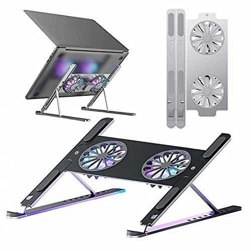 HGTRH Support Ordinateur Portable Grille, Support Pc Portable Gamer Lit Laptop Stand Réglable Ergonomique Refroidisseur Ordinateur Portable avec Deux Ventilateurs Antidérapant Pliable
