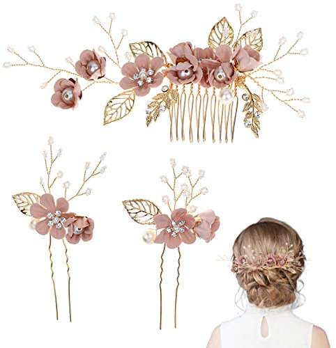 3 Pièces Peigne de Mariée en épingle à Cheveux, Ensemble Pinces Cheveux Mariée, Peigne à Cheveux Mariage en Perles, pour Les Accessoires Cheveux de Mariage Bandeau de Mariée (Rose)