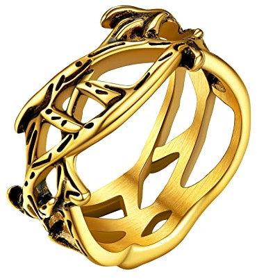 FaithHeart gold Fingerring für Herren Männer Jesus Dornenkrone Ring in Größe 57 Vintage Jesus Krone Dorn Fingerring Punk Biker Ring mit Geschenkebox für Paar Pärchen