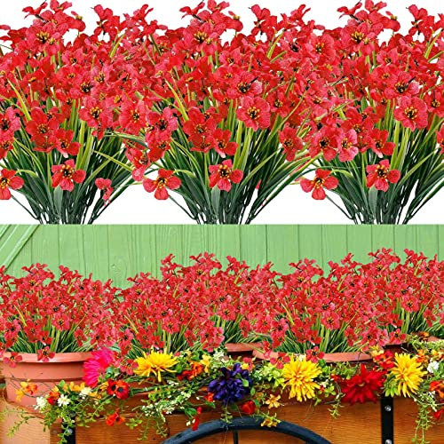 Kunstblumen für den Außen 12 Stück UV-beständige Künstliche Pflanze Sträucher Zweig Kunstblumen Unechte Blumen Innen Draussen Künstliche Violett Blumen für Garten Balkonkasten Zuhause Fenster (Rot)