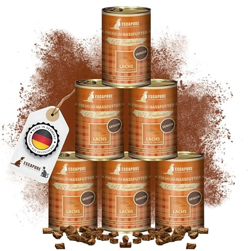 Escapure Senior Nassfutter Lachs 6 x 400g Dose - 60% pures Lachsfilet Hundefutter - Dosenfutter Lachs Menü ohne Zusatzstoffe - Ergänzungsfuttermittel für ältere Hunde frei von Getreide