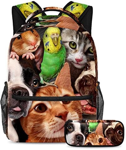 Hunde Katzen Wellensittich Ratte Schultasche Set für Teenager Mädchen Jungen Kinder, Student Büchertasche Rucksack mit Federmäppchen für Primary Secondary Junior