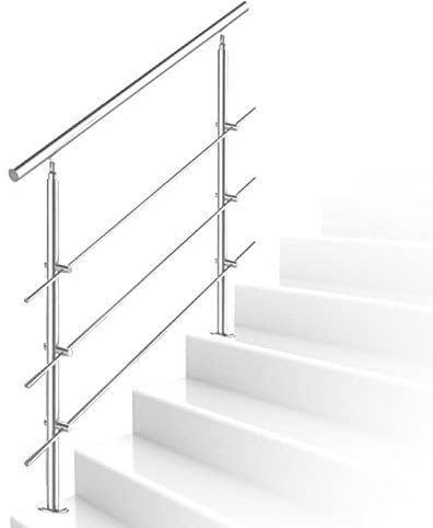 Ikodm Ringhiera per Scale Acciaio Inox, Corrimano in Acciaio Inox Spazzolato 160cm 3traverse Interno Esterno Ø 42 mm, Argento (L1600mm H:1065mm)