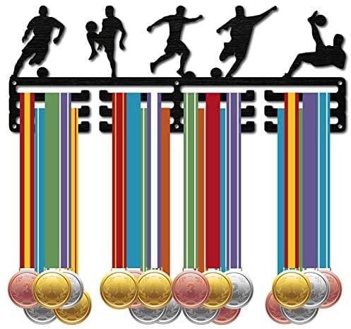 CREATCABIN Fußball-Medaillenhalter Sport-Fußballspieler-Medaillen-Ausstellungsständer Wandhalterung Aufhänger Dekoration Schwarzes Für Spiele Läufer Abzeichenaufbewahrung 3 Reihe Über 60 Medaillen