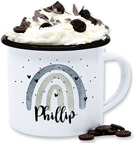 Emaille Tasse Blechtasse - Boho - Regenbogen Name - 300 ml - Weiß Schwarz - personalisierte geschenke ostern custom mug bohemian rainbow tassen kita personalisierter becher individuell bedrucken