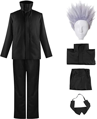 YEAJION Gojo Satoru Cosplay Kostüm Komplettes Set mit Perücke Anime Jujutsu Kaisen Cosplay Verkleidung Satoru Gojo Cosplay Uniform Halloween Karneval Party Kostüm Erwachsene
