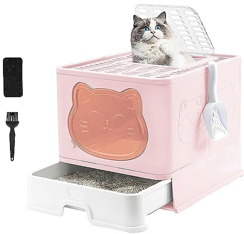 Faltbare Katzentoilette mit Deckel, Schubladentyp Desodorierende Katzenklo mit Luftfilter, Vollständig Geschlossene Gross Faltbare Katzen klo für Katzen Jeden Alters(41 x 51 x 38.5cm, Rosa)