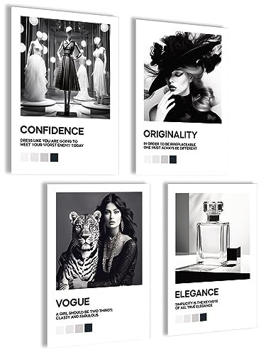 Vintage Poster Set | Coco Bilder schwarz weiß | Vogue Wandbilder Wohnzimmer | Coco Poster Set | 4x A4 ohne Rahmen