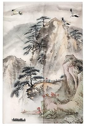 Surwin Rideau de Porte Japonais Long Tapisserie Noren en Lin, Paysage Naturel Fenêtre Rideaux Panneau Tenture Tapisserie Décoration pour Cuisine Chambre Maison (90x200cm,Style Chinois)