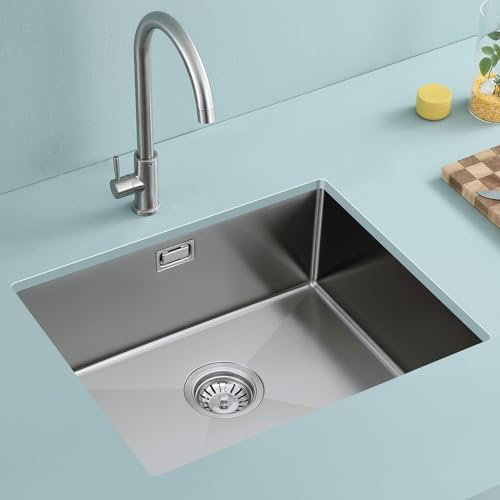 ROVOGO 45 x 55 cm Spüle Küche Gebürstet, Spülbecken Edelstahl 304 Eckig, Küchenspüle mit Ablaufgarnitur inkl. Siebkorbventil, Abtropf-Überlauf, Handgefertigtes Einbauspüle Spüle 1 Becken