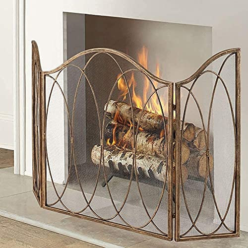SOVORM Funkenschutz-Funkenschutzgitter für Holzöfen, Kamingitter, goldene 3-teilige Kamingitter mit klappbaren Paneelen, massiver Funkenschutz aus Schmiedeeisen The New
