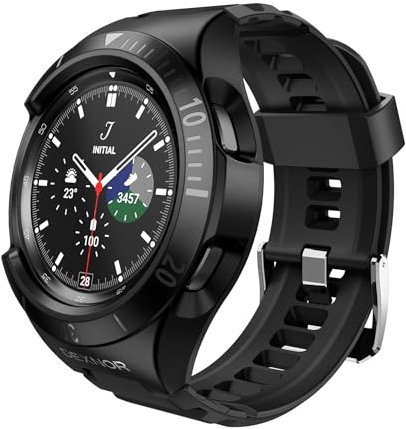 Dexnor Compatible with samsung watch 4 Classic (46MM), Military Grade Protective Case with Soft Silicone Rugged Shockproof Adjustable iWatch Bands Strap for Sports - Black