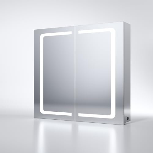 SONNI Spiegelschrank Bad mit Beleuchtung 70 x 65 cm IP44 Wasserciht Edelstahl LED doppeltürig Badezimmerschrank, mit Steckdose und Kippschalter für Badezimmer