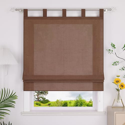 Heichkell Raffrollo mit Schlaufen Halbtransparent Raffgardine Küche Rollo Einfarbige Gardine Braun BreitexHöhe 60x140 cm