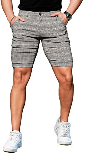 GINGTTO Karierte Stretch Shorts für Männer Elastische Taille Chino Shorts Tartan Männer Sommer über Knie Größe Grau Gelb 32