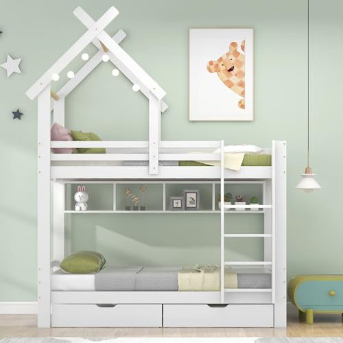 HYUB Kinderbett Baumhaus 90 x 200 cm mit Rausfallschutz und Speicherung, Etagenbett aus Holz mit Lattenrost, Vielseitiges Hochbett aus Kieferholz, Hausbett für Kinder, Weiß