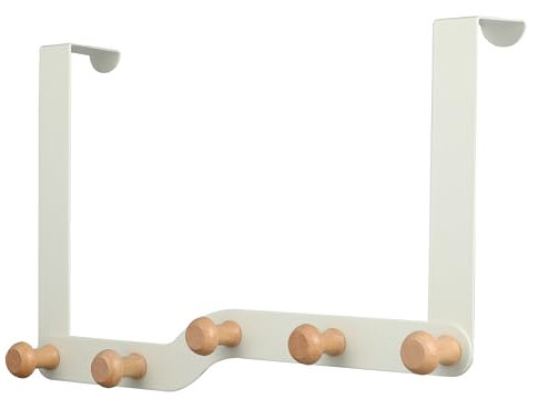 Hulpuog Over Door Hook Hanger with 5 Wood Hooks, White Coat Hooks Rack Wreath Door Hanger Key Jackets Purses Bags Clothes and Towels Holder Storage for Bedrooms Kitchen Bathroom
