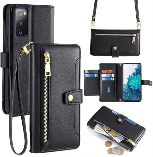 betterfon Handykette Hülle Kompatibel mit Samsung Galaxy S20 FE | Leder Handyhülle mit Kartenfächern | Frauen Brieftasche Klapphülle zum Umhängen | Schwarz