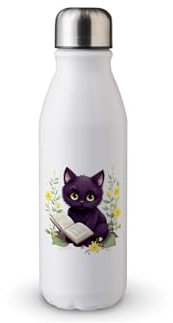 MAXIKIWI Botella de agua de una sola pared con tapa de rosca, aluminio ligero no aislado, sin BPA, a prueba de fugas, gato negro Kawai, 500 ml