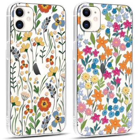 Foonary 2 Pack Clear Floral Print Phone Case Compatible with iPhone 11 6.1,Soft Silicone with Flower Design Aesthetics Transparent Pattern Cases,Shockproof Bumper Protector Cover Girls