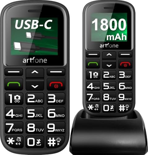 artfone CS182 Nero | 2G GSM Telefono per anziani |1800mAh | Base di Ricarica | Unzione SOS | Chiamata Rapida | Pulsanti laterali
