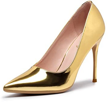 Zhabtuc Tacón Alto De 10 Cm, Zapatos Sin Cordones con Punta Puntiaguda para Mujer Zapatos De Tacón De Aguja para Fiesta Boda Zapatos Básicos,Oro,41 EU