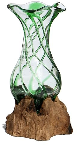 Wogeka - Glas Vase Venezia auf Wurzel-Holz - im modernen Style als Geschenk-Idee zu Weihnachten Geburtstag zur Dekoration (Grün M)