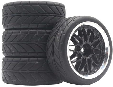 KEEDA RC Auto Gummireifen Mit Kunststoff Felgen Räder für TT01 TT02 1/10 RC On Road Tourenwagen Rennwagen (M, Schwarz)
