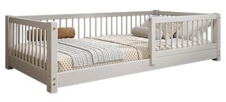 TIMBEE - Alfi - Kinderbett 90x200 cm - Bett Grau - Einzelbett für Kinder mit Lattenrost und Rausfallschutz Abnehmbar - Belastbar bis 100 kg - aus Kiefernholz Klasse 1